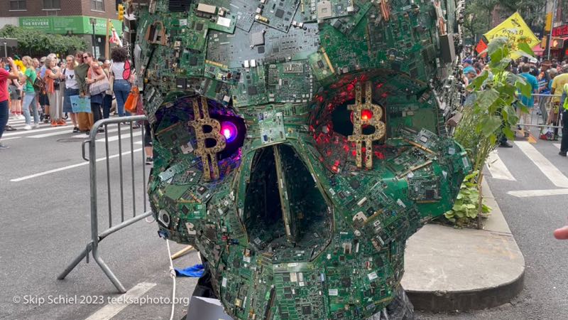 Climate March-New York City-2023-Teeksa_BitCoin Circuit Board Head-Skip Schiel_9366